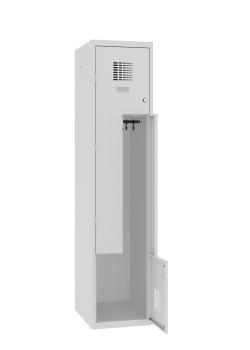 Preview: Lichtgrauer Z – Garderobenschrank mit 2 geöffneten Türen und 2 ineinander laufenden Fächern. Wahlweise mit Zylinder oder Drehriegel. Als Aufbewahrung von Kleidung und persönlichen Gegenständen geeignet. Der Schrank steht vor einem weißen Hintergrund.